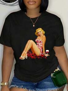 T-shirt 100% coton avec motif pin-up fille en robe à pois rouges, col rond, manches courtes, mode streetwear, respirant, doux, unisexe - Noir - Voir 5
