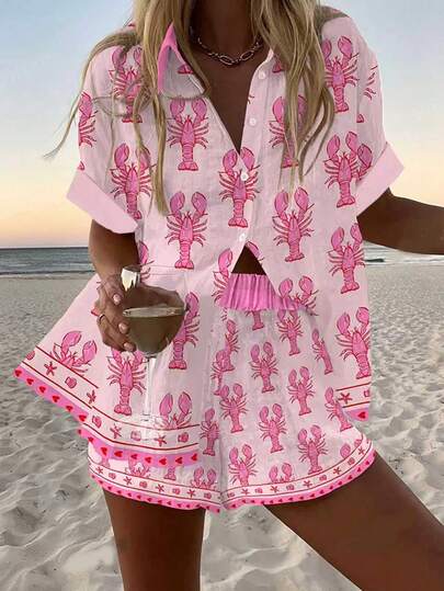 Bộ đồ thể thao mùa hè dành cho nữ cỡ lớn, gồm áo ngắn tay và quần short in hình tôm hùm, kiểu dáng thường ngày.