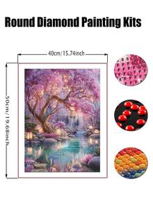 粉色花樹風景鑽石畫套裝，5D全鑽，成人DIY鑽石畫組，寶石藝術鑽石畫，適合初學者成人牆面裝飾 - 彩色 - 查看 2
