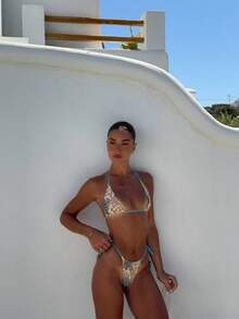 女士夏季度假系列泳装，豹纹提花蓝色滚边挂脖三角比基尼套装，系带腰身，性感修身女士泳衣，串珠系带比基尼套装，波西米亚风比基尼，度假沙滩时尚泳装套装 - 彩色 - 查看 3