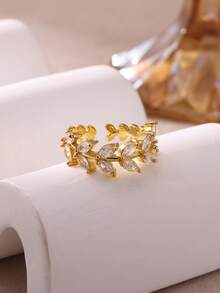 1 Pc Fashion Cubic Zirconia Green Leaf Ring For Women Gold Color Stainless Steel Open Rings Wedding Party Jewelry Gift - Multicolor - View 7