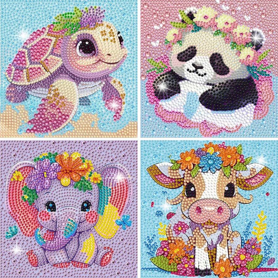 1 pieza Kit de pintura de diamantes con diseño de animal de dibujos animados, materiales DIY, rhinestones, diamantes 5D brillantes, marco de plástico, decoración de escritorio - Multicolor - Ver 1