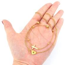 2件套经典双心字母十字架金色不锈钢珠链叠戴手链，女士款