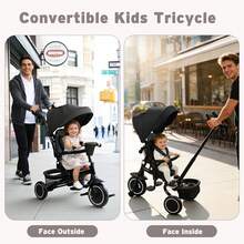 Kinder King Kids Trike Tricycle For Toddlers 1-3, 8 In 1 Folding Toddler Trike W/1-Step Brake, Adjustable Push Handle, Rotatable Seat, Adjustable Canopy, Bell, 5-Point Harness, Storage, Black - Black - View 4