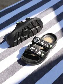 2026 Summer New Boys' Sports Slides: Black Base Double Strap Black & White Camo Style, Neon Green / White Decorative Buckle, Lightweight Rubber + Non-Slip Sole, Suitable For Indoor, Outdoor & Light Sports - Black - View 1