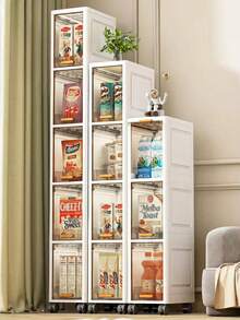 3/4/5/6 Layers Foldable Slim Bathroom Organizers And Storage, Plastic Tall Narrow Storage Cabinet With Movable Wheels, Opening Shelf Organizer For Small Spaces, Bathroom, Kitchen, Laundry - White - View 1