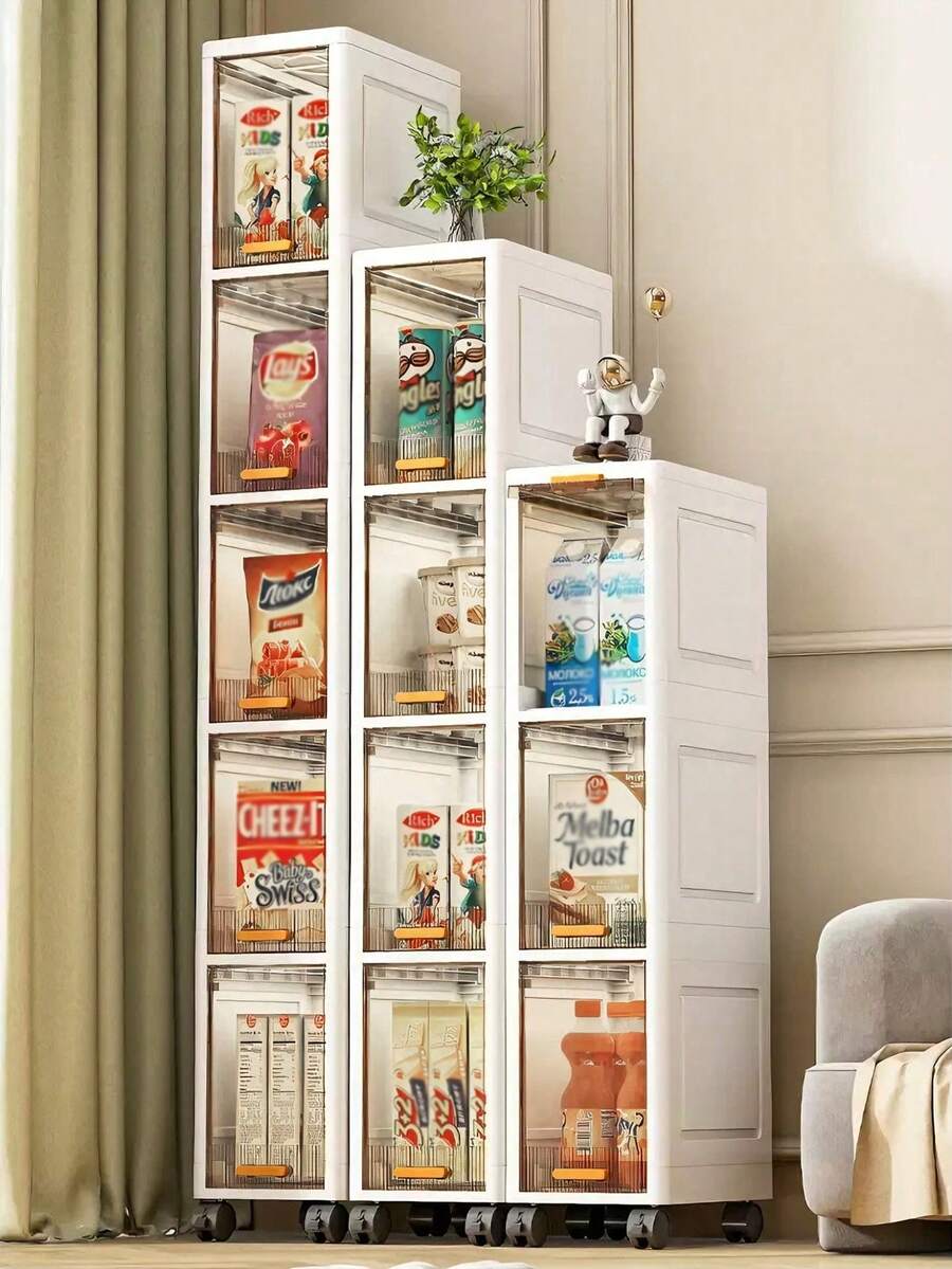 3/4/5/6 Layers Foldable Slim Bathroom Organizers And Storage, Plastic Tall Narrow Storage Cabinet With Movable Wheels, Opening Shelf Organizer For Small Spaces, Bathroom, Kitchen, Laundry - White - View 1