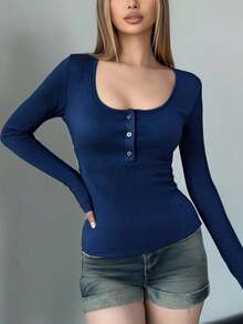 Women's Long Sleeve Henley Tops Fashion Square Neck Solid Color Casual Ribbed Slim Fit Upper Button Down Basic Tees Shirts Streetwear - Navy Blue - View 3