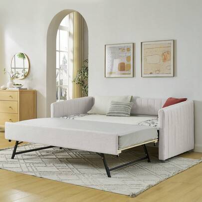 Twin Size Daybed With Pop Up Trundle,Linen Upholstered Comfy Day Bed Frame With Channel Tufted Backrest & Armrest,Extendable Trundle Bed, Twin To King Design, Easy Assembly
