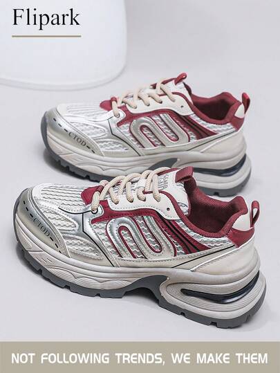 Flipark 1 Pair Women's Breathable Casual Chunky Sneakers, Lace-Up Wine Red Mesh Lightweight Low-Top Everyday Sports Shoes