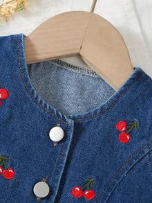 2pcs/Set Cute & Sweet Cherry Embroidery Denim Baby Girl Fashion Outfit - Dark Wash - View 3