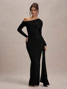 女士纯色不对称荷叶边系带设计优雅收腰鸡尾酒会礼服