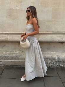 女士极简时尚迷人褶皱无肩带露背休闲度假连衣裙，露背沙滩派对优雅 - 黑與白 - 查看 1