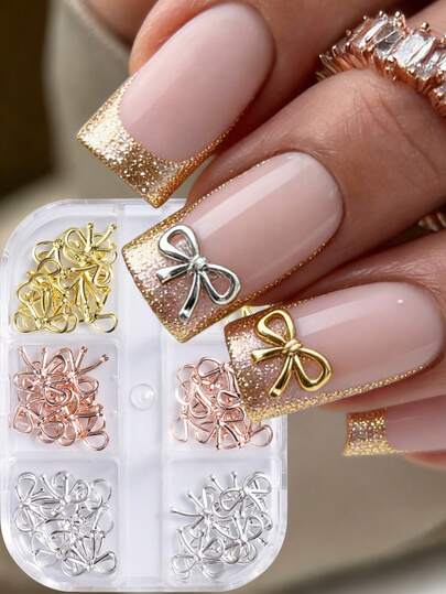 Encantos de arte de uñas de lazo hueco dorado plateado 3D de aleación, lazos dorados rosados adornados con sauce para un acabado de manicura lujoso y deslumbrante, suministros de arte de uñas