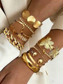 5/1pc Vintage Elegant Bohemian Style Delicate Floral Plain Twisted Geometric Open Bangle Bracelet Set, Suitable For Women's Daily, Party, Holiday, Beach Wear, Accessory, Perfect Gift - Gold 24 - View 4