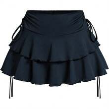 Women's Drawstring Bow Side Skirts Tiered Layer Ruffle Elastic Waist Y2K Coquette Short Skirts - Deep Blue - 查看 6