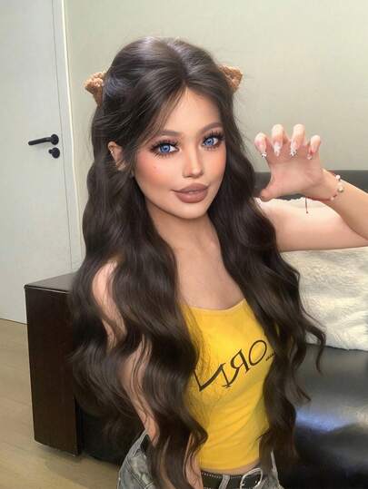 额头蕾丝 4 * 1，额头蕾丝卷发假发，黑色卷发假发，30 英尺长，自然逼真，适合日常佩戴。