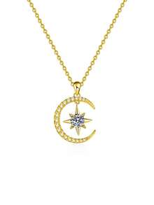 1pc 925 Silver 0.5ct 5.0mm Moissanite Star & Moon Pendant Necklace, Suitable For Women's Daily Wear, Party, Valentine's Day, Mother's Day, Wedding Anniversary, Women's Jewelry Gift - XL0117M - View 2