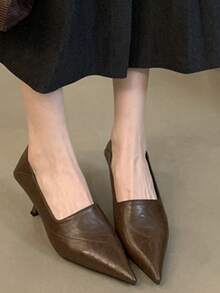 Women's Pointed Toe Elegant Low Heel Slip-On Shoes, Versatile Comfortable Solid Color Commuter Shoes For Office,Kitten Heels - Brown - View 4