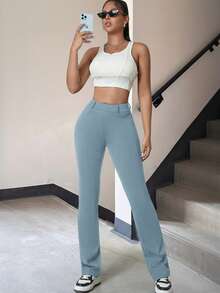 瑜伽高弹力褶皱腰宽腰带黑色修身喇叭裤日常休闲舒适运动健身简约裤秋季女装 - 淺藍色 - 查看 4