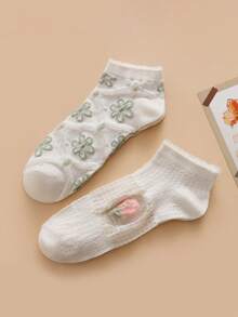 5双装女士春夏水晶拼接花卉图案时尚透气短袜