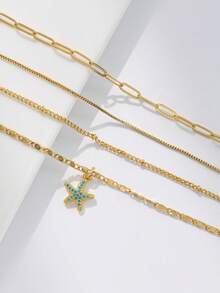 4pcs/Set Women Anklet Set, Bohemian Summer Beach Vacation Stacking Style, Copper Inlaid Blue Zirconia Starfish, Golden Plated Round Bead Chain, Paperclip Chain, Flat Piece Chain, Multi-Layer Anklet Set, Ocean Series Anklet Accessories, Gift - Yellow Gold - View 5