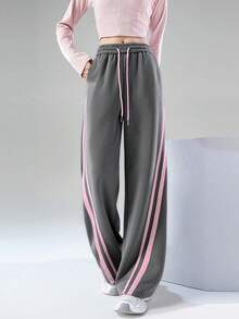 JUTU 灰粉色撞色复古高腰阔腿休闲裤，抽绳腰带，宽松显瘦，百搭长裤，适合春秋冬三季穿着。 - 1A71煙灰拼粉 - 查看 7