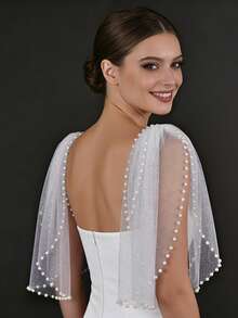 1对新娘礼服吊带披肩，5种颜色可选，短款珍珠雪纺肩部装饰，带安全别针，新娘婚礼肩部配饰 - 雙肩披肩 - 查看 2