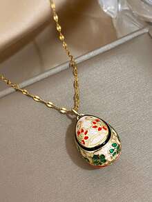 1件18K镀金复古甜美粉色、白色、绿色珐琅花卉图案彩蛋吊坠不锈钢项链，女士奢华珠宝，适合复活节、情人节、派对、晚宴、日常佩戴、约会、狂欢节、新年、婚礼、海滩、圣诞节、周年纪念日、优雅妈妈礼物、波西米亚风珠宝、生日礼物、伴娘礼物 - 彩色 - 查看 11