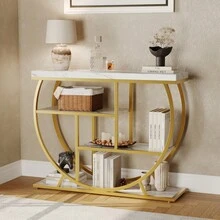 4-Tier Narrow Farmhouse Console Table, Circle Base Wooden Sofa Table, Modern Industrial Entryway Table, With Metal Frame, For Living Room, Behind Couch, Apartment, Foyer, Hallway, Small Spaces - vàng - Xem 7