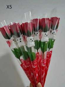 10支仿真玫瑰泰迪熊花束，逼真玫瑰与泰迪熊，是母亲节、教师节、婚礼派对、生日礼物、婚礼装饰、母亲节礼物的完美之选。 - 紅色 - 查看 6