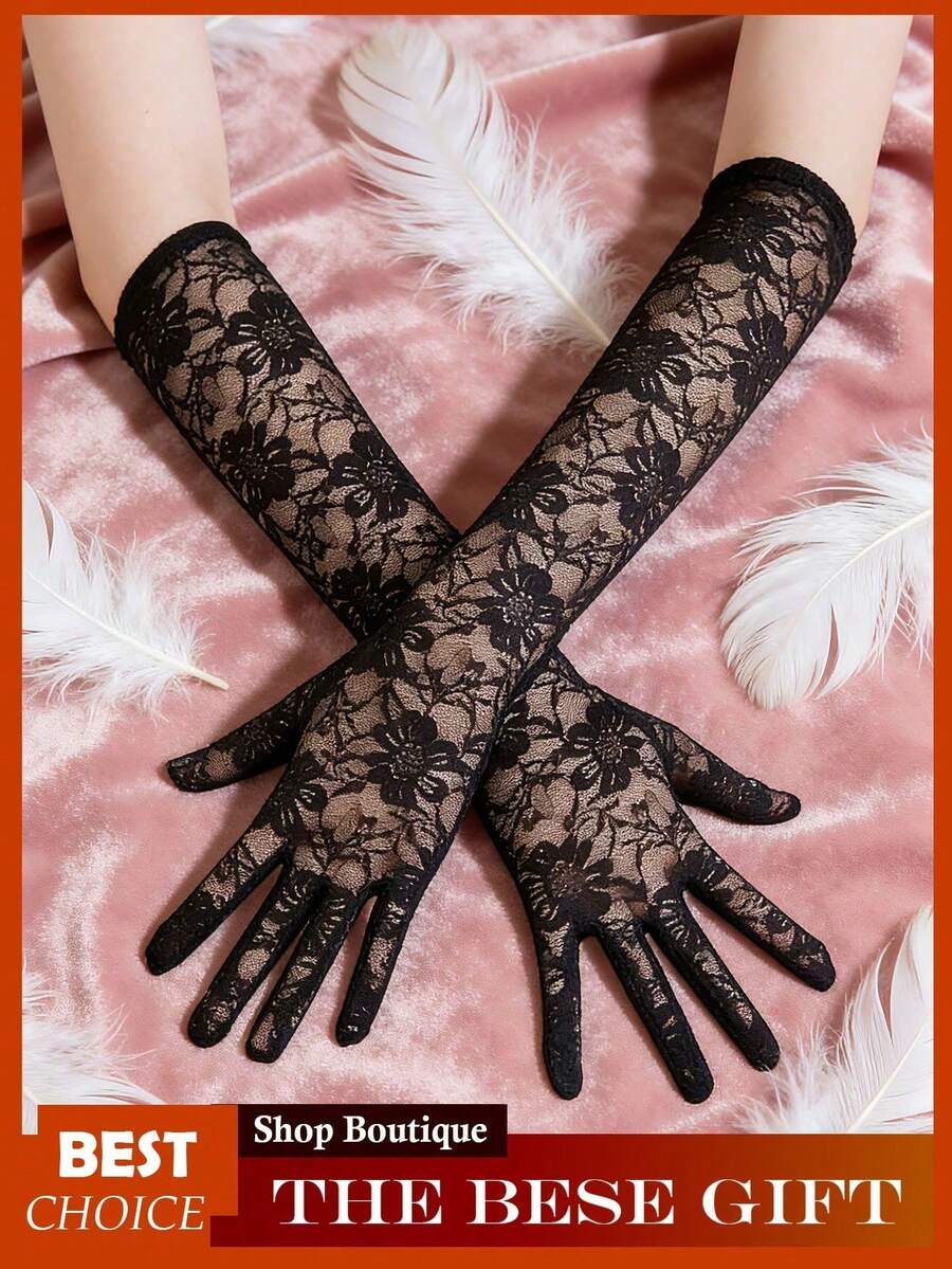 1Pair Black Lace Gloves, Elegant Tea Party Gloves, Women's Long Lace Mittens Gloves, Bridal Wedding Hand Decoration, Suitable Bachelorette Party And Wedding Decorative Gloves - 黑色 - 查看 1