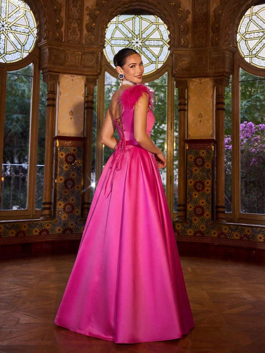 Women's Floor-Length One-Shoulder Gown, Adorned With Fluffy Feathers, Criss-Cross Back Strap Design, A-Line Satin Dress - Elegant And Alluring, Luxurious Style, Ideal For Formal Dinners, Weddings, Awards Ceremonies, And Red Carpet Events. Spring Party - Hot Pink - View 1