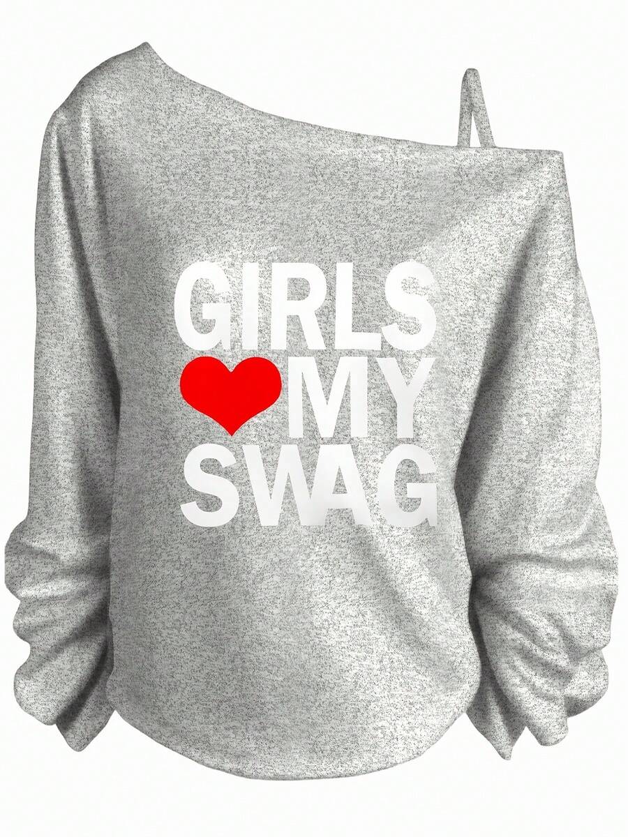 Valentine Outfits For Women, Girls My Swag, Off The Shoulder Long Sleeve Top, Casual Style, Date Night, Spring Vibes, Essentials Hoodie,Summer Outfits For Women,Spring Tops - 灰色 - 查看 1