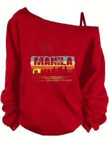 Summer Outfits For Women, Manila City Skyline Graphic Off Shoulder Sweatshirt, Vintage Sunset Design, Casual Streetwear,  Summer Tops-Holiday Outfits For Women, Theme Graphic Tees, Festival Wear, Fun Party - 紅色 - 查看 7