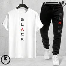 Men's Fashion Casual T-Shirt And Sweatpants Set - Black Cotton Knit + Sweatpants With Pockets - Art - 白色T卹,黑色褲子 - 查看 2