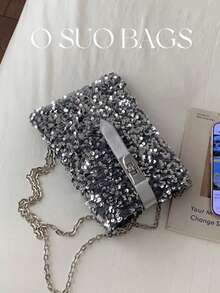 1pc Mini PVC Sequin Shiny Bucket Bag, Metal Chain Decor Glitter Ladies Party Clutch Purse, Fashion Gift Bag, Suitable For Women Party And Evening Wear - Silver - View 6