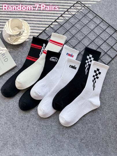 7 Pairs Men's Fashionable Everyday Wear Personalized Sports Mid-Calf Socks