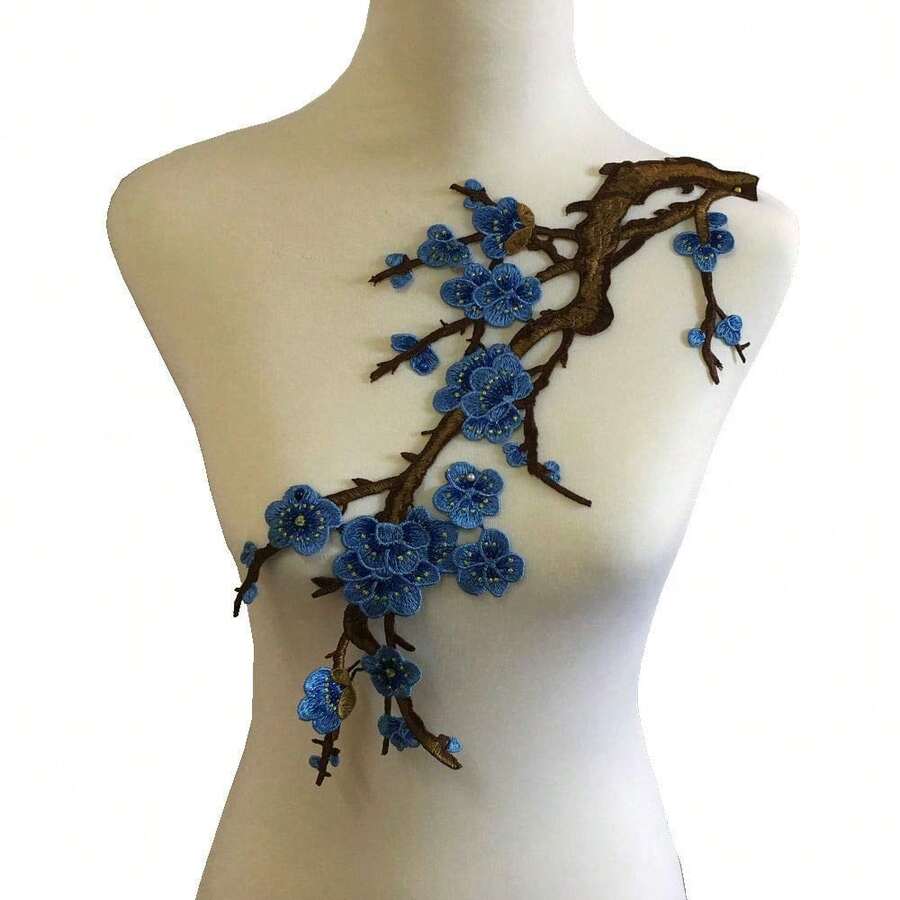 1pcs Blue Colorful Embroidered Lace Neckline Collar Floral Brown Leaf Applique Patches ScrapbooFKing Embossed Sewing - StyleB - View 1