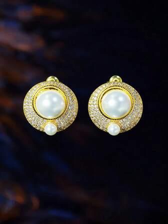 SEQUITO 1 par de pendientes de perla con micro pavé de circonita cúbica AAA chapados en oro amarillo noble, accesorios para banquetes y fiestas