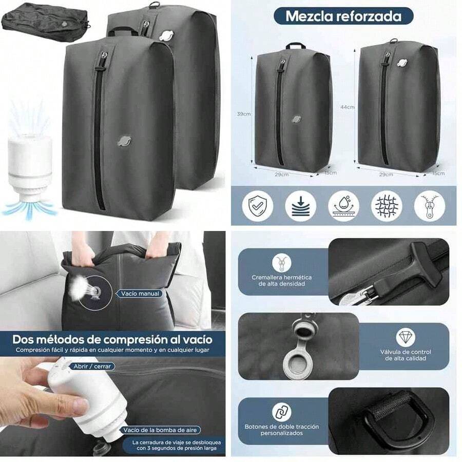 2PCS Bolsa de Compresion Viaje con 17L y 16 L,Airless Bag Reutilizable,Bolsas Empacar al Vacio Impermeable IPX8,Bolsas de Vacio para Ropa Viajes,para Maletas de Viaje y Mochila(Bomba Elctrica) - gris+sin ventana - Ver 1