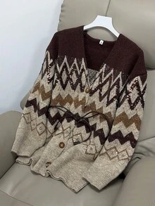 French Retro V-Neck Knit Cardigan, Women Autumn/Winter Cinched Waist Slim Sequin & Beaded Jacket - Multicolor - View 2