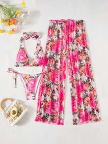 2pcs/Set Floral & Leopard Print Ruffled Bikini Top And Drawstring Beach Shorts, Pink, Summer Beach Holiday - Multicolor - View 7