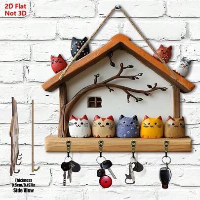حامل مفاتيح خشبي بتصميم مسطح 2D بطراز بوهيمي. هذا المنظم الحائطي للمفاتيح مصنوع من الخشب، مصمم على شكل منزل صغير لتخزين المدخل. لا يتطلب كهرباء.