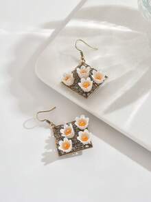 1 par de pendientes colgantes con flores y formas geométricas, pendientes vintage con flor hueca de acrílico blanco y amarillo con colgante de loto 3D, con marco de bronce antiguo, joyería de moda para uso diario, fiestas, citas, regalo del Día de la Madre - Bronce - Ver 4