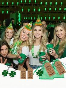 15pcs Lucky Four-Leaf Clover Keychain Gift Set - Includes 5 Lucky Four-Leaf Clover Keychains, 5 Green Organza Bags, And 5 Kraft Paper Thank You Cards. Ideal Souvenir For St. Patrick's Day, Also Suitable For St. Patrick's Day Celebrations, Irish Themed Events, Beer Festivals, And Team Appreciation Parties. - Multicolor - View 5