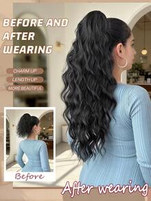 24英寸黑色爪形马尾假发，柔软逼真波浪形合成假发，女士适用 - 黑色 - 查看 6