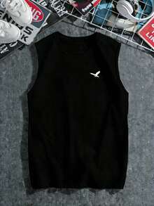 男士时尚简约老鹰图案休闲圆领背心，百搭日常穿着 - 黑色 - 查看 2