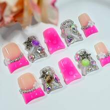 10 Pieces Y2K Retro Cute Press On Nails, Handmade Reusable Transparent Color Block Bases, Checkerboard Hearts, Rhinestone Candy Bling, Daily Retro Parties Summer Easter - Nhiều màu - Xem 8