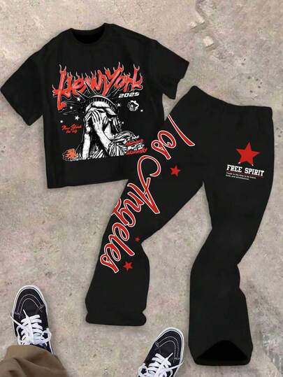 2pcs/Set Casual Classic Cartoon Character Print Round Neck T-Shirt And Flare Pants Outfit For Teenage Boys, Suitable For Spring/Summer